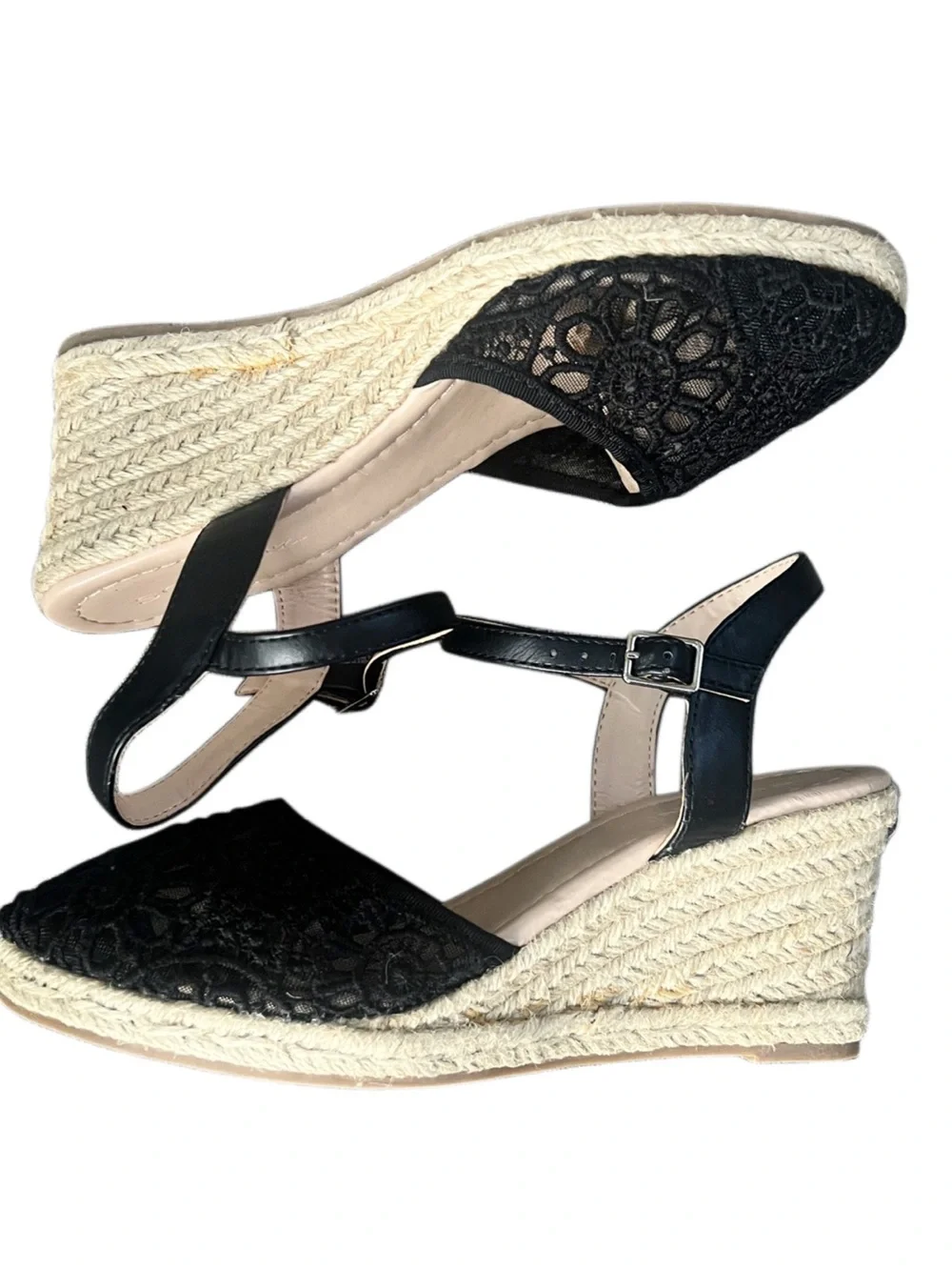 Solano Women's Black Lace Espadrille Wedge Sandals Sz 7.5